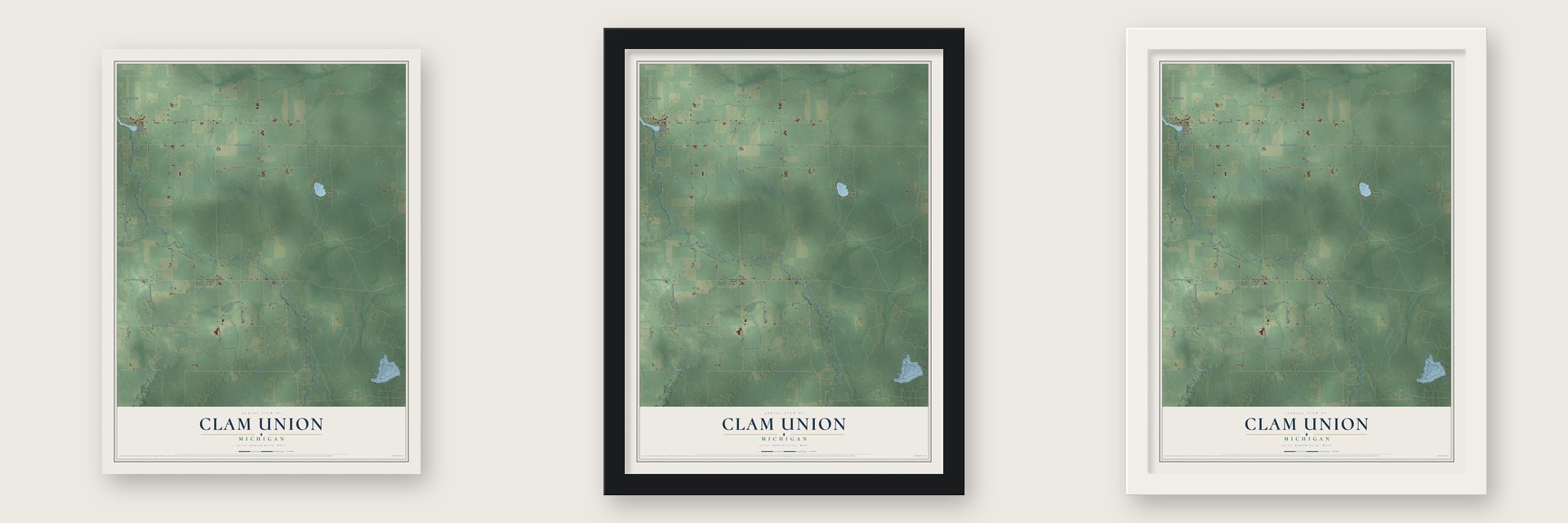 Clam Union, Michigan map unframed, in a black wood frame and in a white wood frame