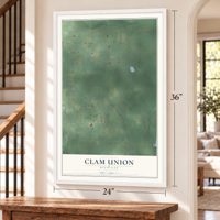 Clam Union, Michigan map, 24 x 36 inch print in a white frame by a staircase