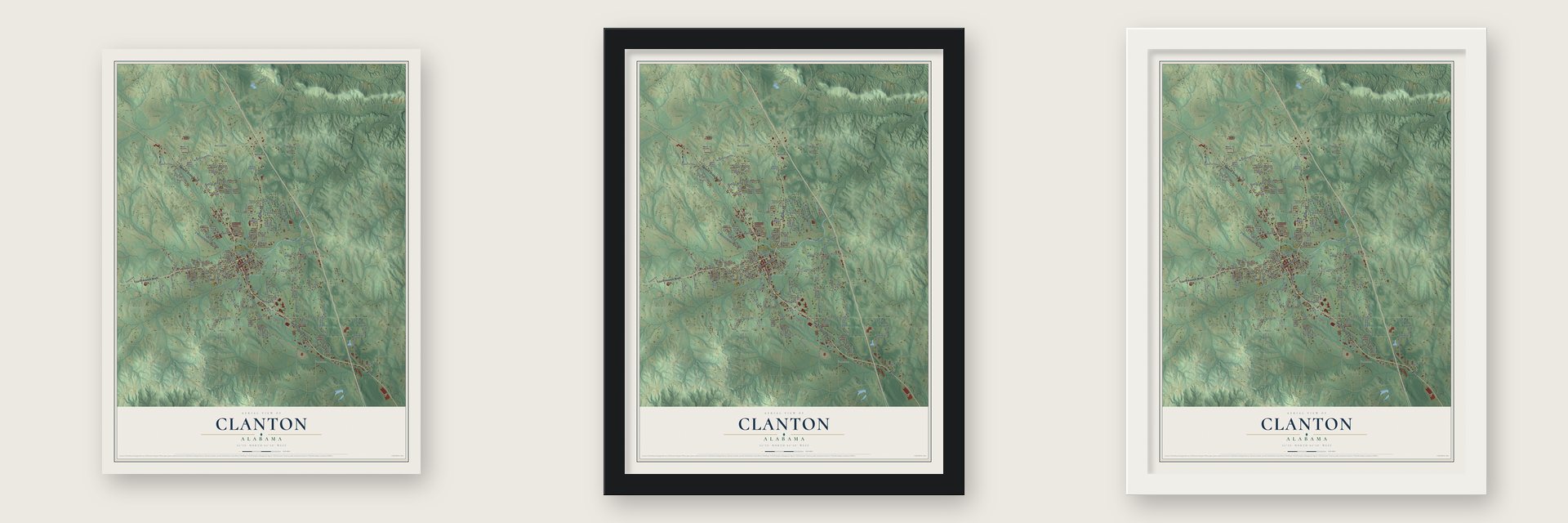 Clanton, Alabama map unframed, in a black wood frame and in a white wood frame
