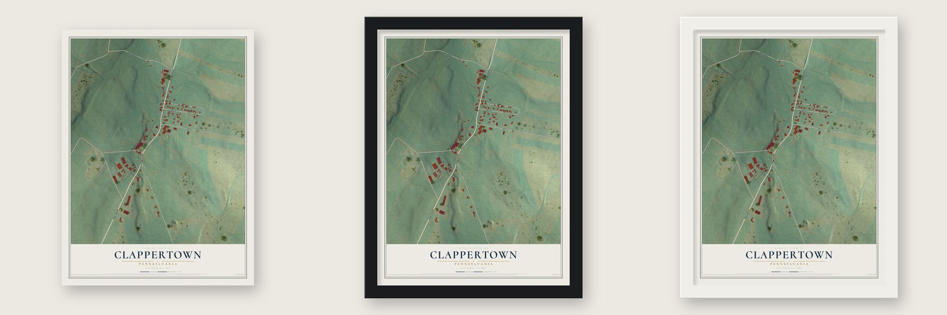 Clappertown, Pennsylvania map unframed, in a black wood frame and in a white wood frame