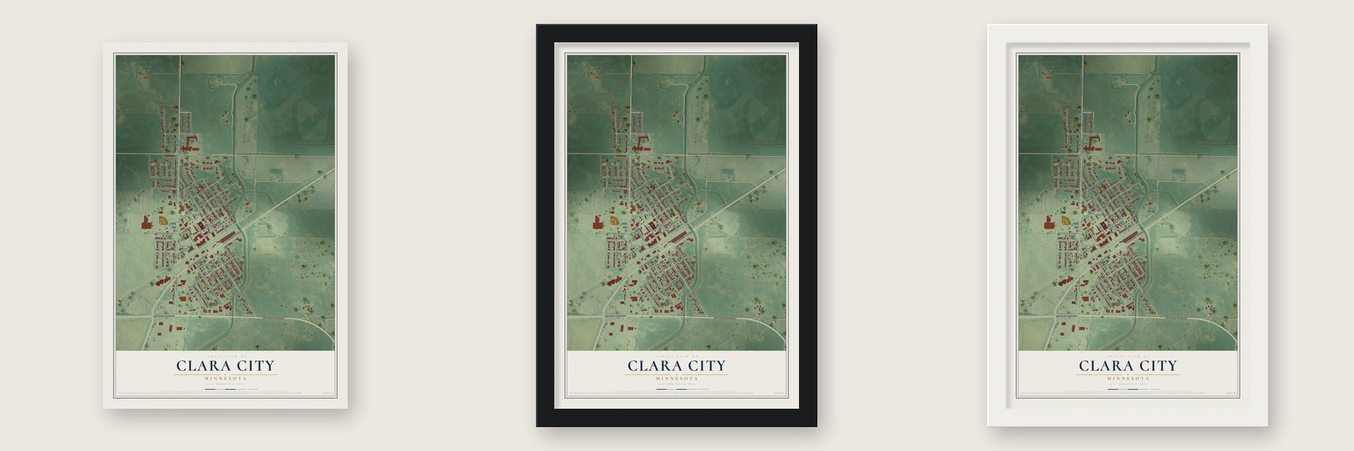 Clara City, Minnesota map unframed, in a black wood frame and in a white wood frame