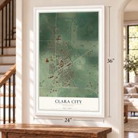 Clara City, Minnesota map, 24 x 36 inch print in a white frame by a staircase