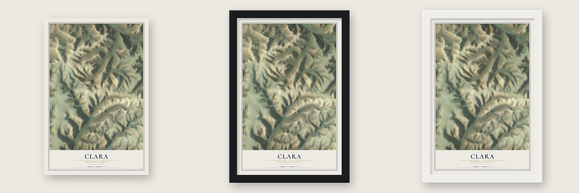 Clara, Pennsylvania map unframed, in a black wood frame and in a white wood frame