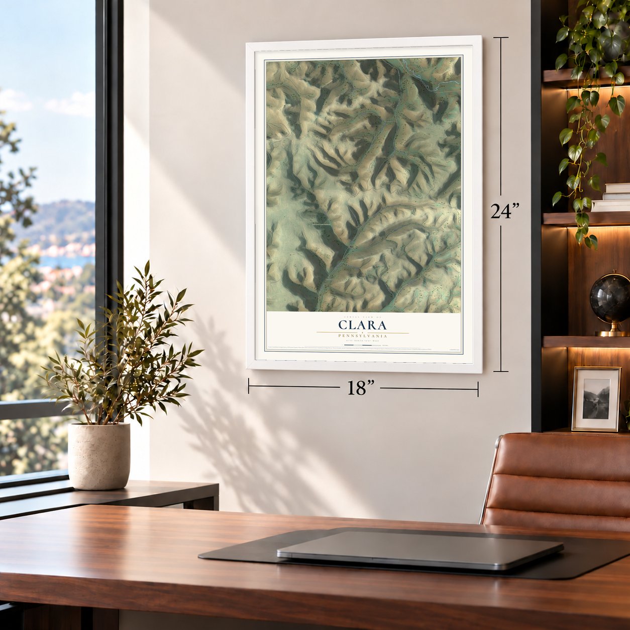 Clara, Pennsylvania map, 18 x 24 inch print in a white frame in a home office