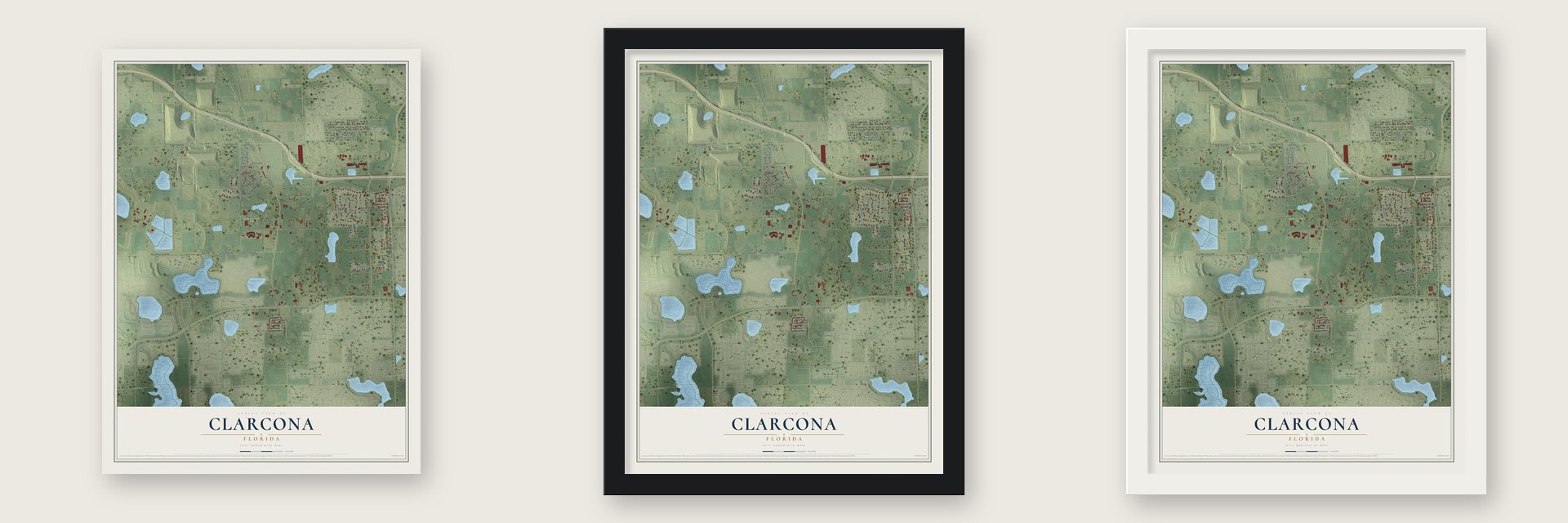 Clarcona, Florida map unframed, in a black wood frame and in a white wood frame