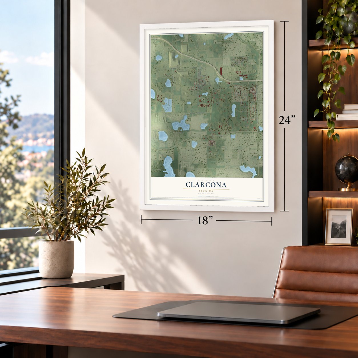 Clarcona, Florida map, 18 x 24 inch print in a white frame in a home office