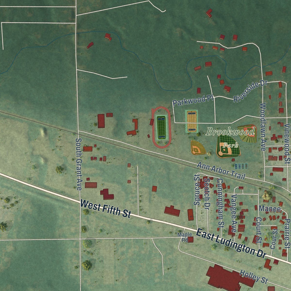 Second close-up of the map of Clare, Michigan print showing more streets and buildings