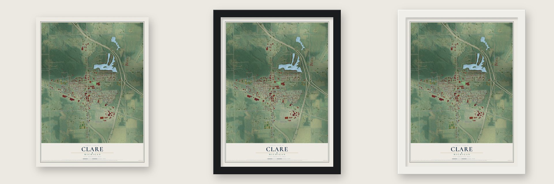 Clare, Michigan map unframed, in a black wood frame and in a white wood frame