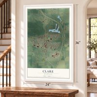 Clare, Michigan map, 24 x 36 inch print in a white frame by a staircase