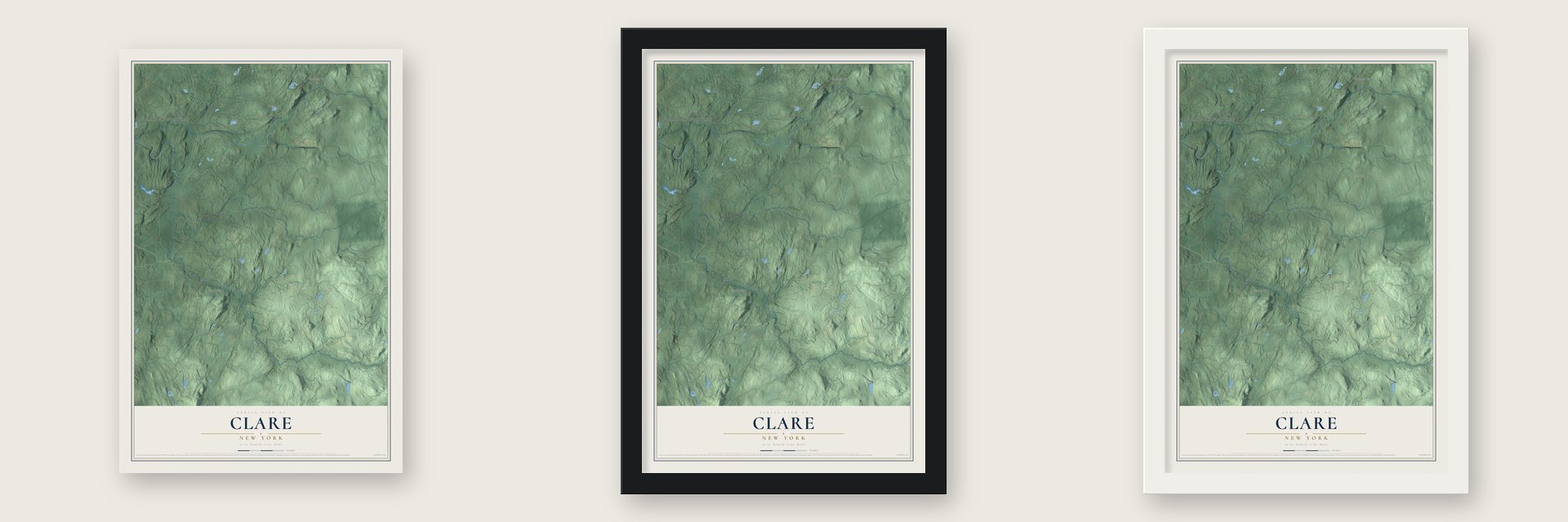 Clare, New York map unframed, in a black wood frame and in a white wood frame
