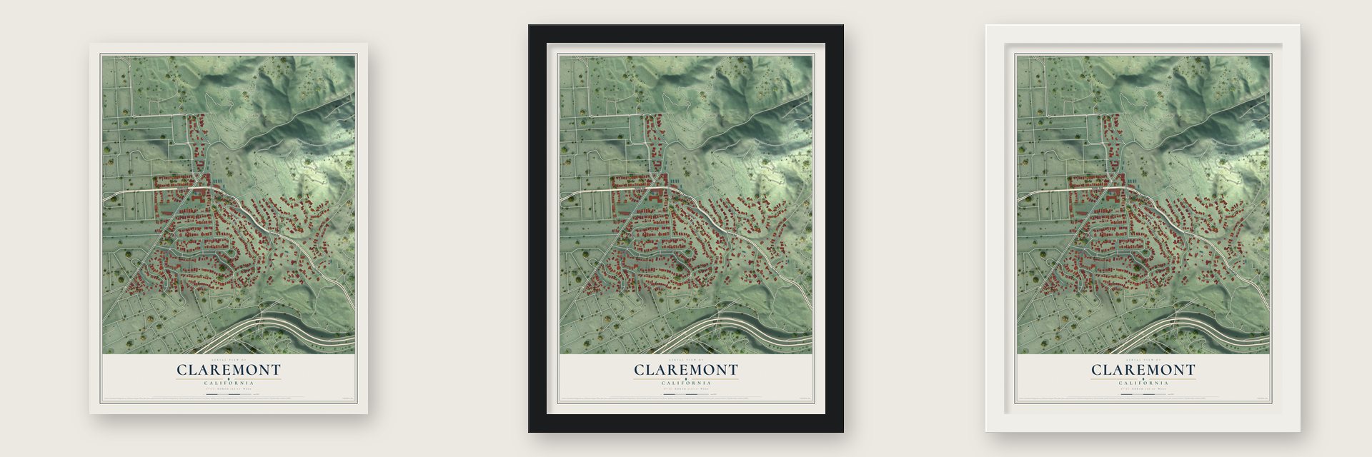 Claremont, Berkeley, California map unframed, in a black wood frame and in a white wood frame