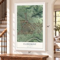 Claremont, Berkeley, California map, 24 x 36 inch print in a white frame by a staircase
