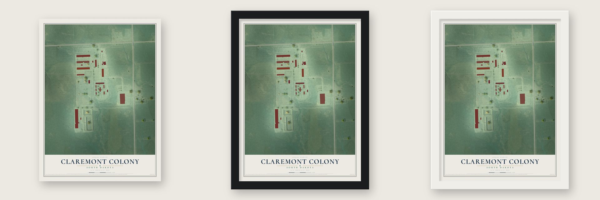 Claremont Colony, South Dakota map unframed, in a black wood frame and in a white wood frame
