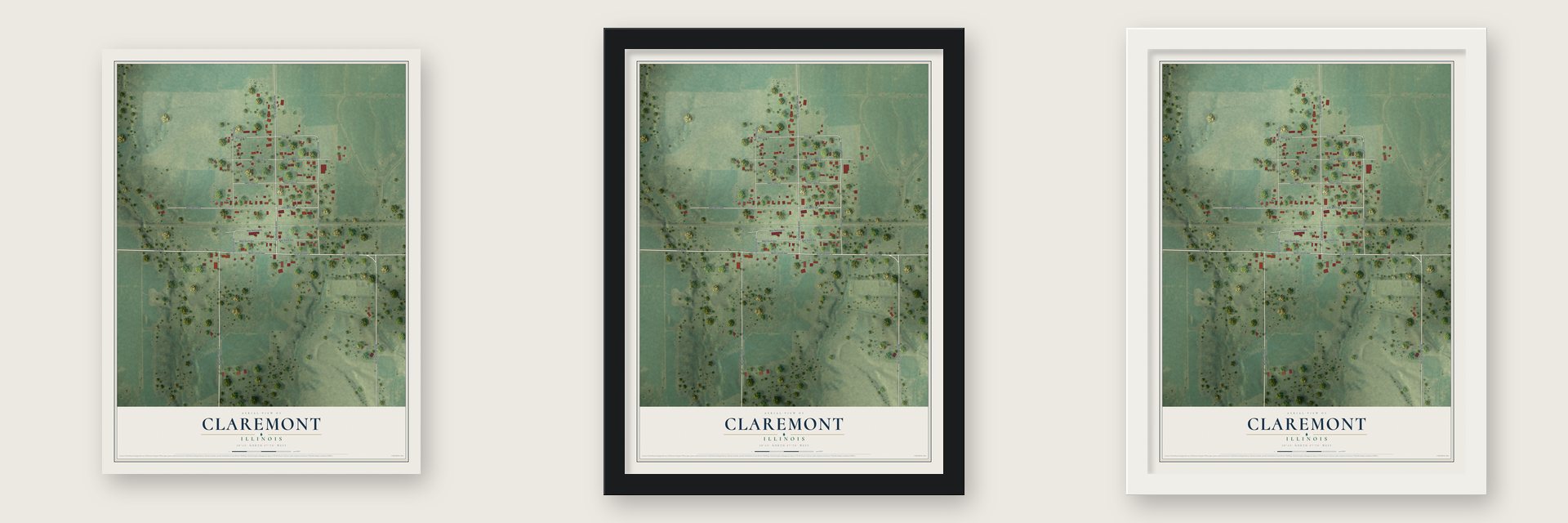 Claremont, Illinois map unframed, in a black wood frame and in a white wood frame