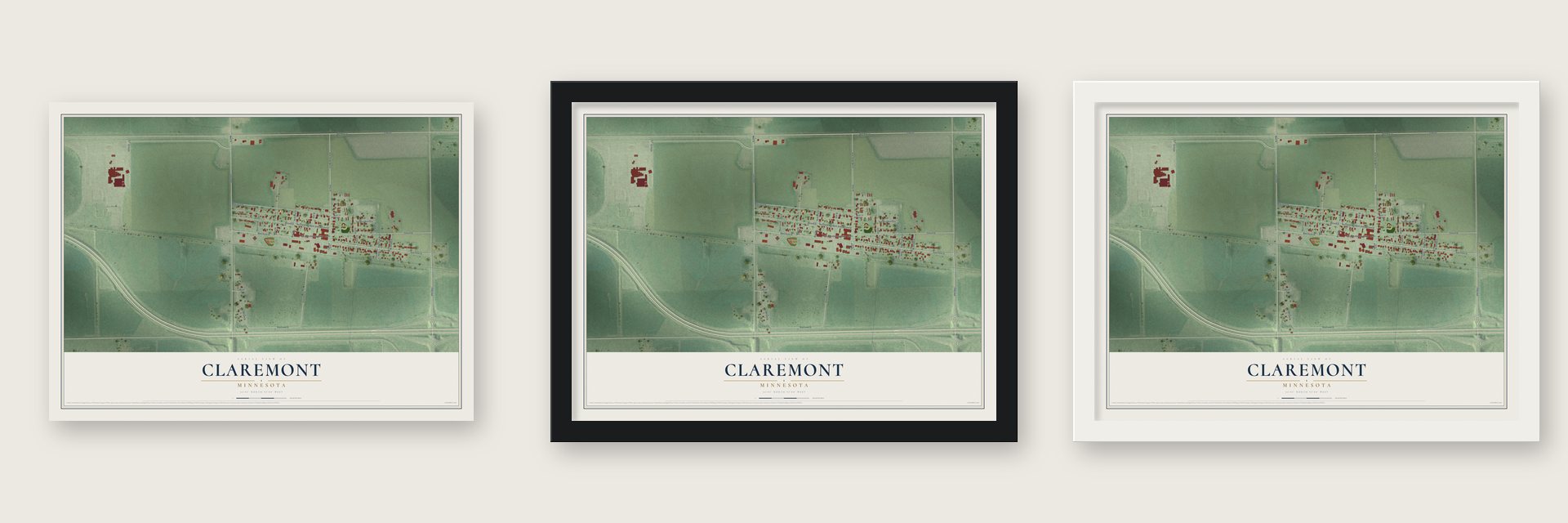 Claremont, Minnesota map unframed, in a black wood frame and in a white wood frame