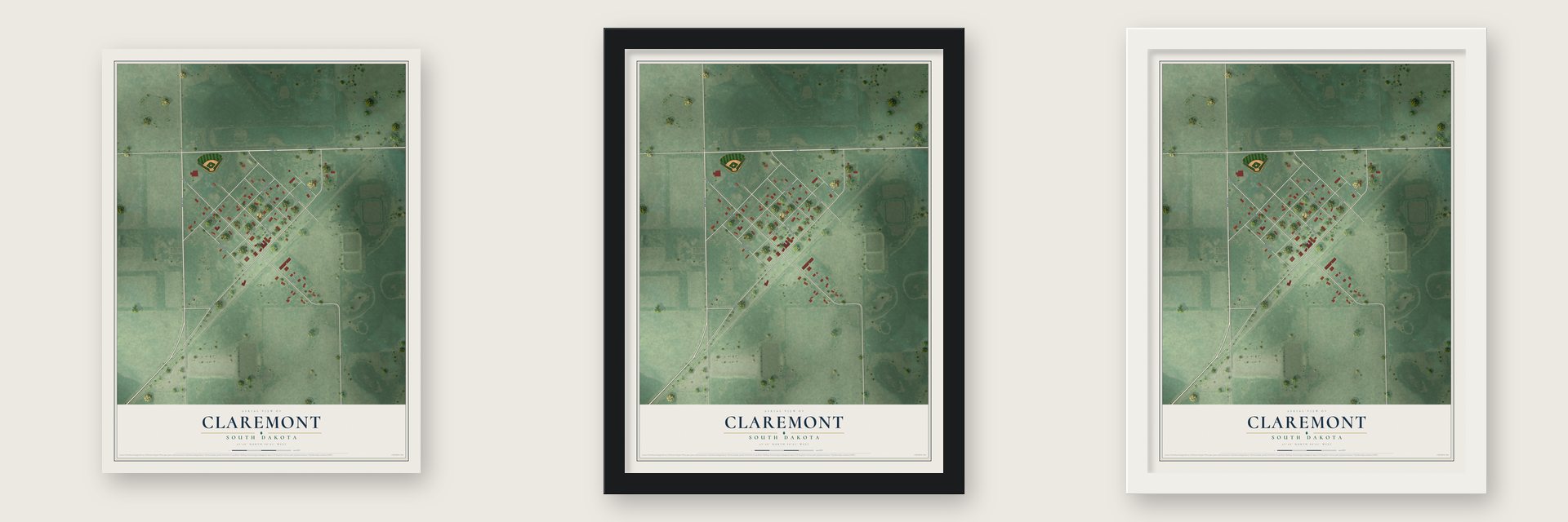 Claremont, South Dakota map unframed, in a black wood frame and in a white wood frame