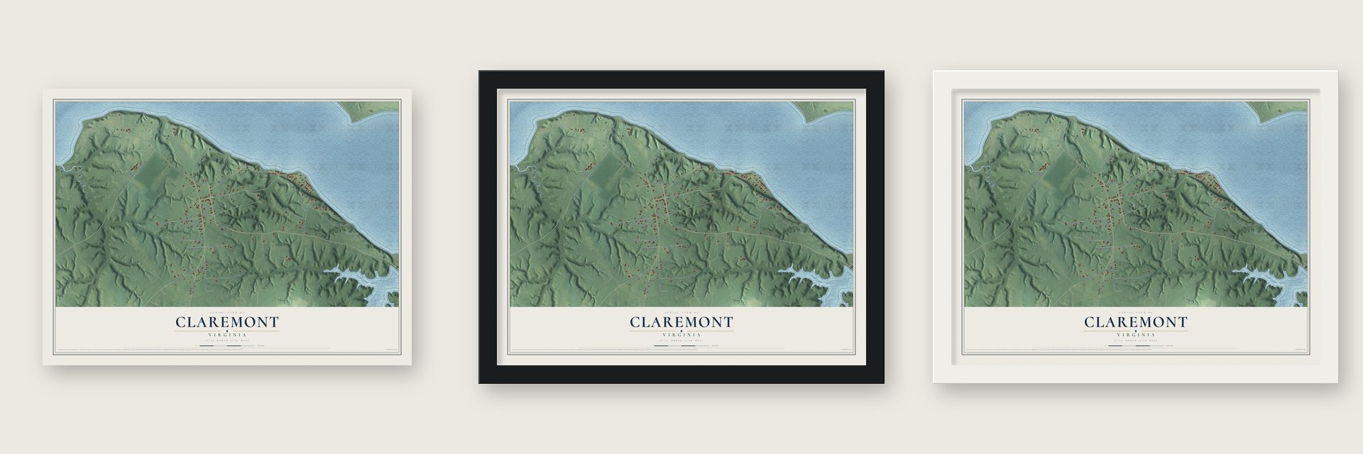 Claremont, Virginia map unframed, in a black wood frame and in a white wood frame
