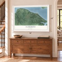 Claremont, Virginia map, 24 x 36 inch print in a white frame above a dresser by a staircase