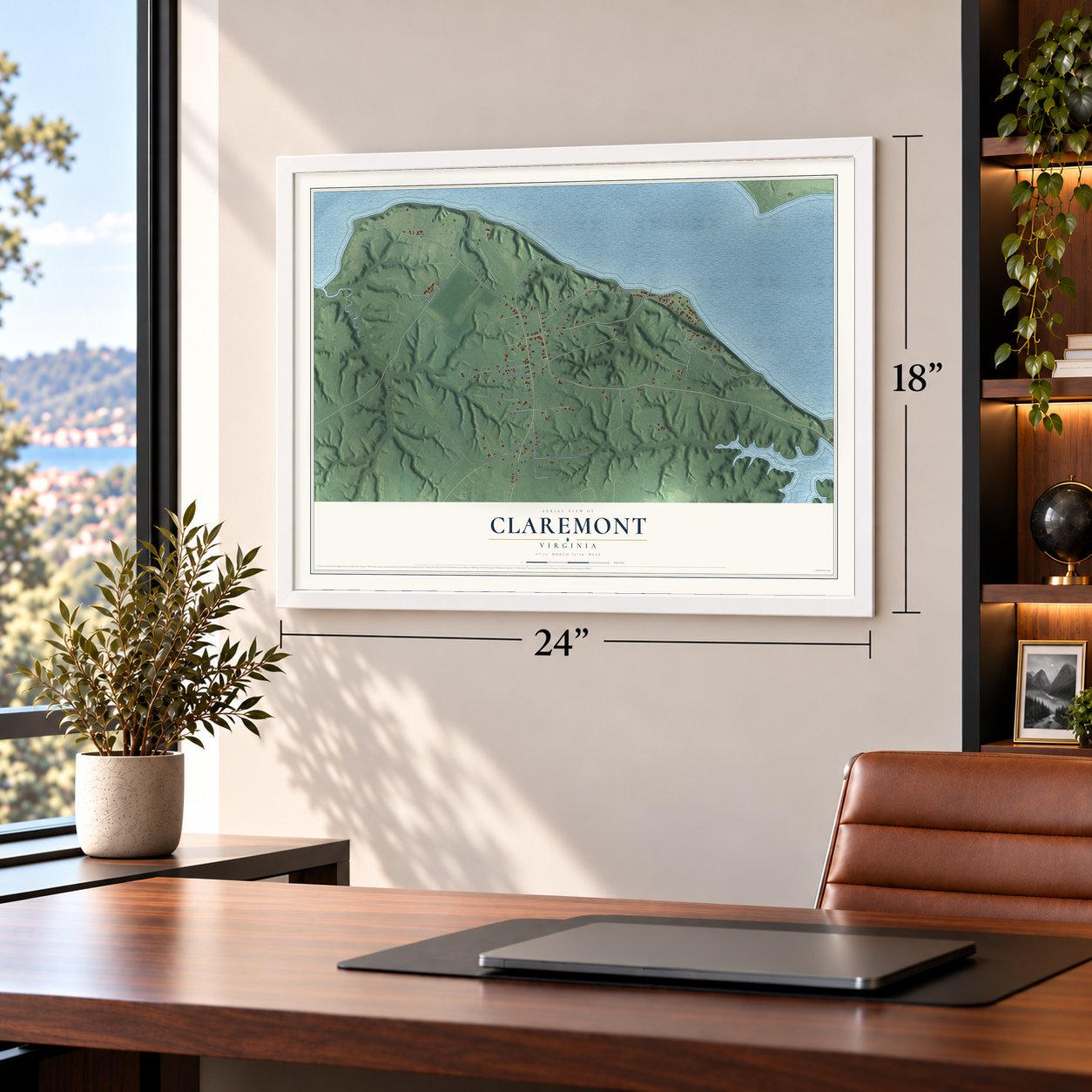 Claremont, Virginia map, 18 x 24 inch print in a white frame in a home office