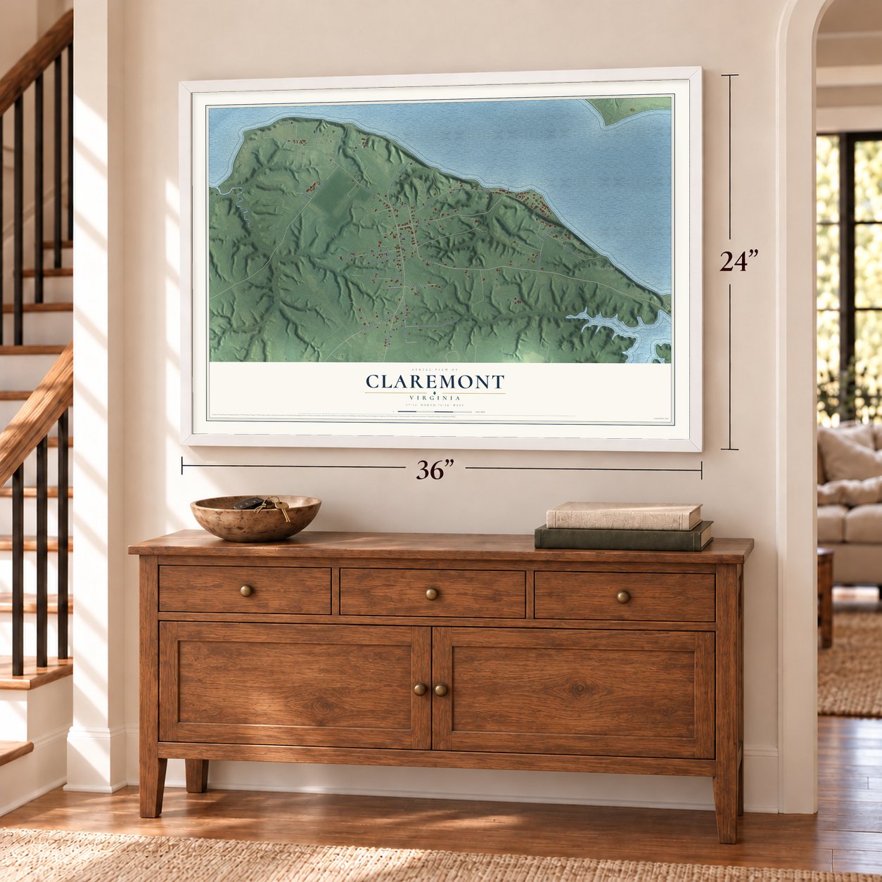 Claremont, Virginia map, 24 x 36 inch print in a white frame above a dresser by a staircase