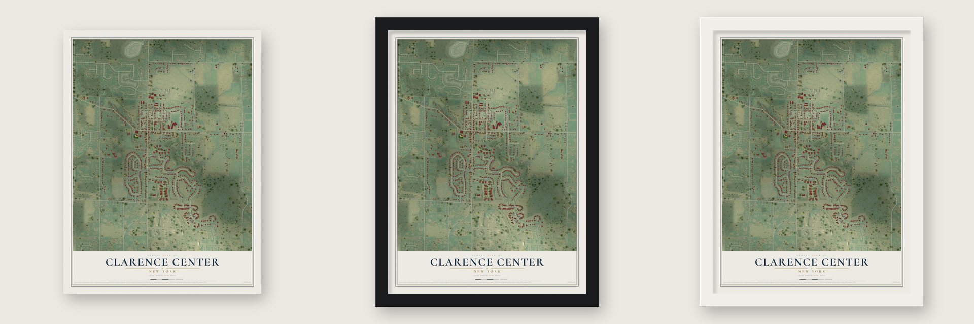 Clarence Center, New York map unframed, in a black wood frame and in a white wood frame