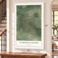 Clarence Center, New York map, 24 x 36 inch print in a white frame by a staircase