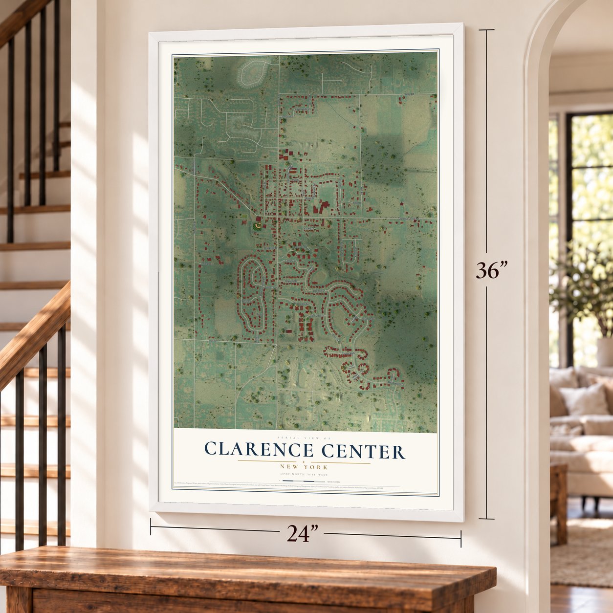 Clarence Center, New York map, 24 x 36 inch print in a white frame by a staircase
