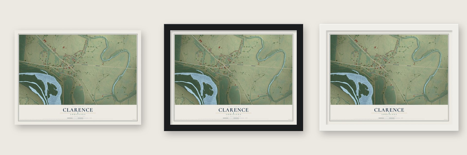 Clarence, Louisiana map unframed, in a black wood frame and in a white wood frame