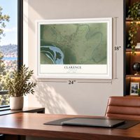 Clarence, Louisiana map, 18 x 24 inch print in a white frame in a home office