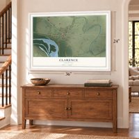 Clarence, Louisiana map, 24 x 36 inch print in a white frame above a dresser by a staircase