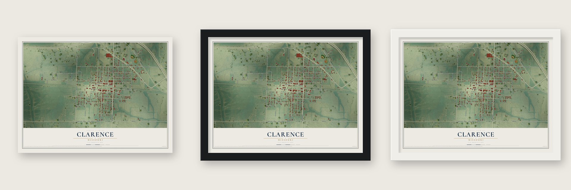 Clarence, Missouri map unframed, in a black wood frame and in a white wood frame