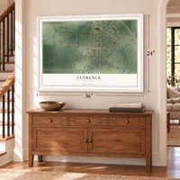Clarence, Missouri map, 24 x 36 inch print in a white frame above a dresser by a staircase