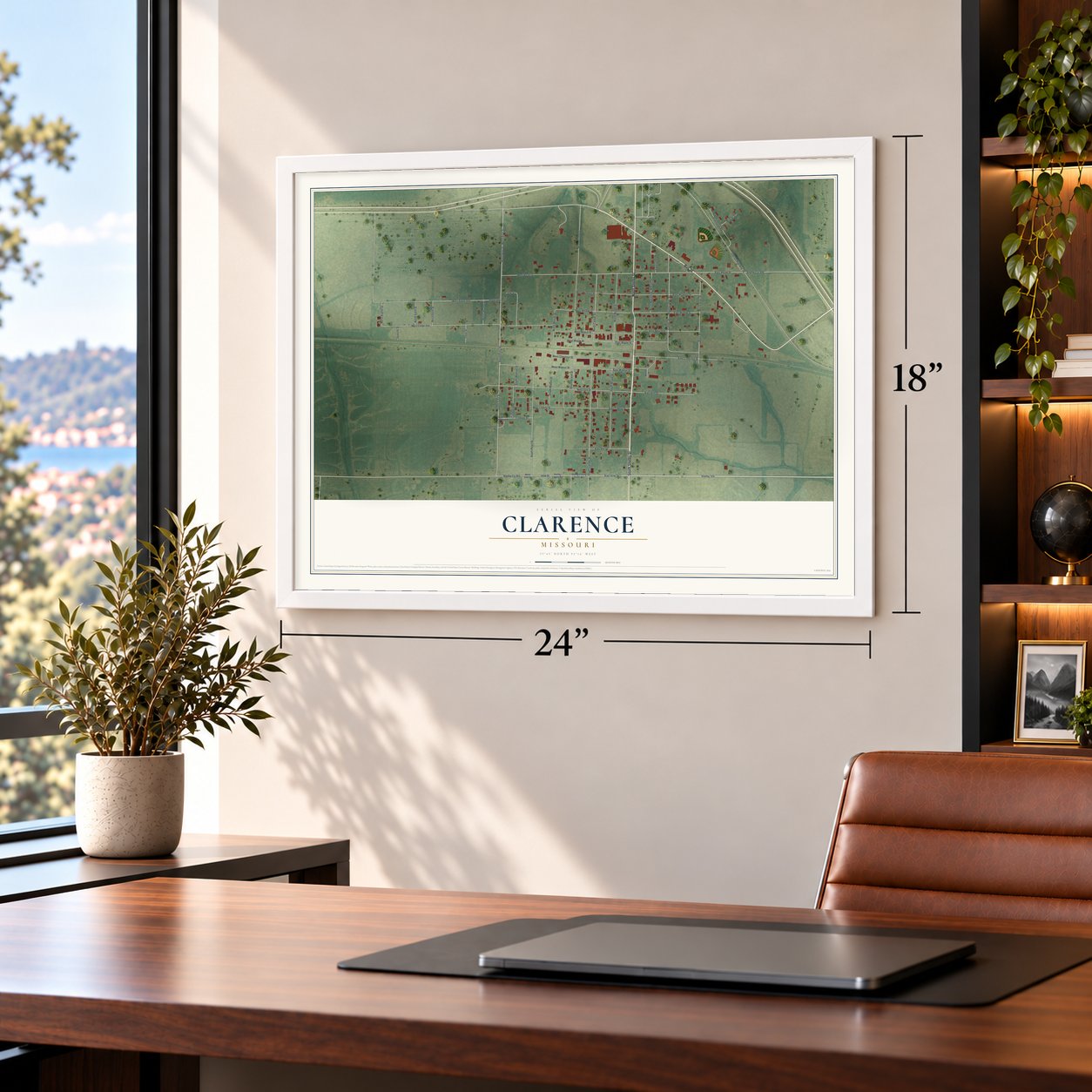 Clarence, Missouri map, 18 x 24 inch print in a white frame in a home office