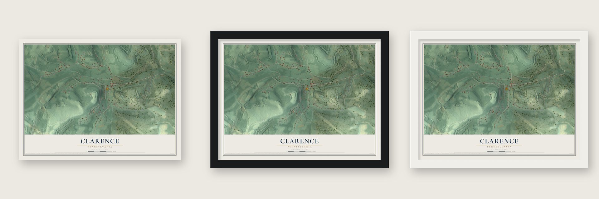 Clarence, Pennsylvania map unframed, in a black wood frame and in a white wood frame