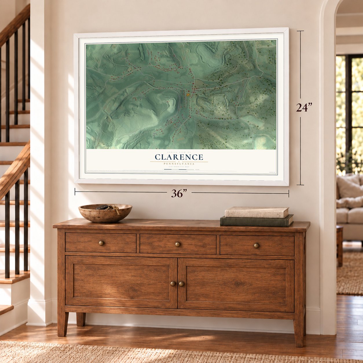 Clarence, Pennsylvania map, 24 x 36 inch print in a white frame above a dresser by a staircase