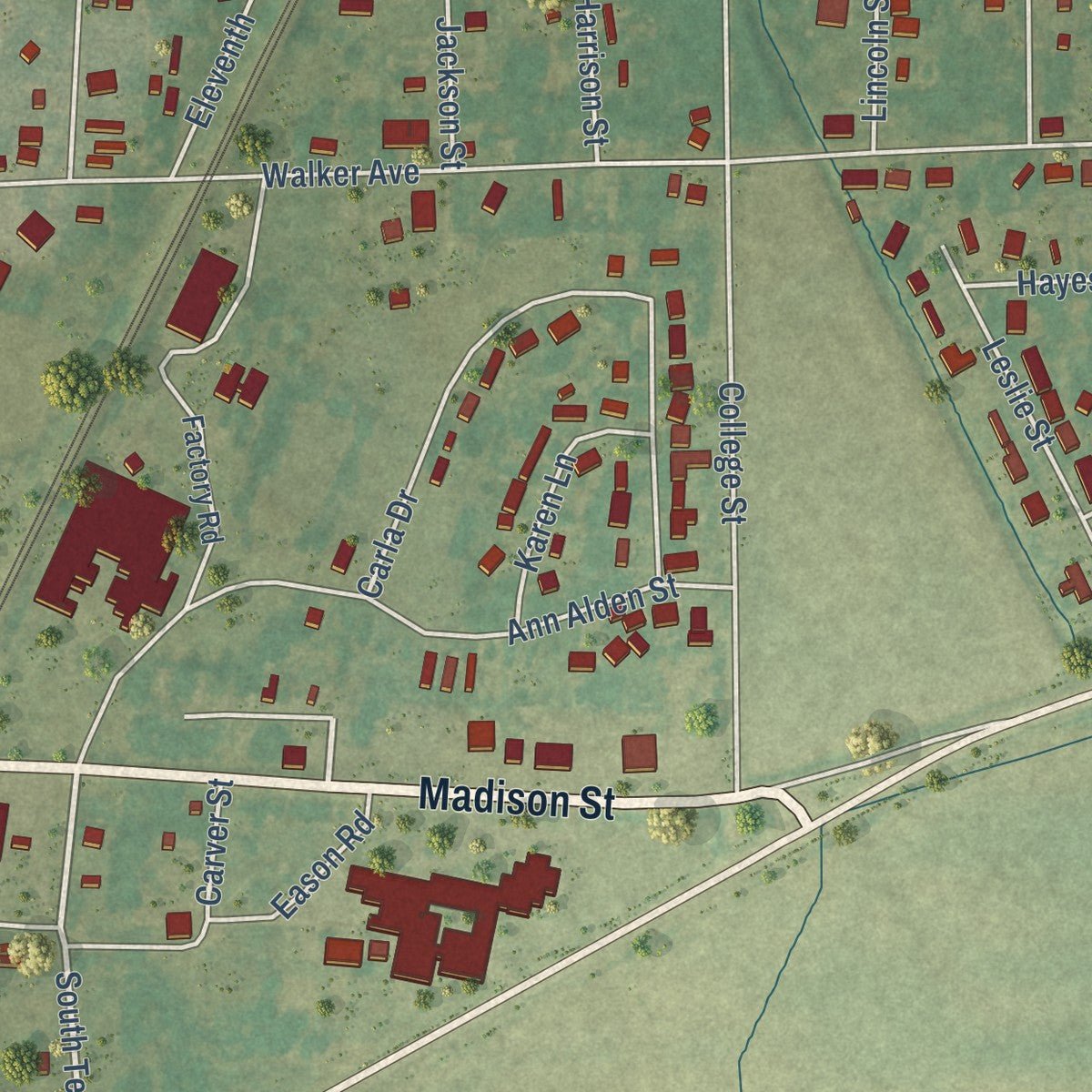 Second close-up of the map of Clarendon, Arkansas print showing more streets and buildings