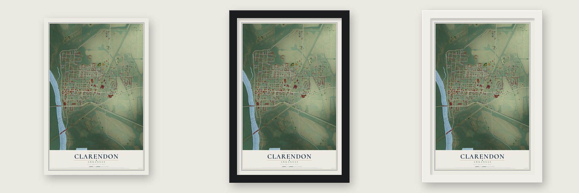 Clarendon, Arkansas map unframed, in a black wood frame and in a white wood frame