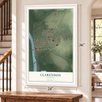 Clarendon, Arkansas map, 24 x 36 inch print in a white frame by a staircase