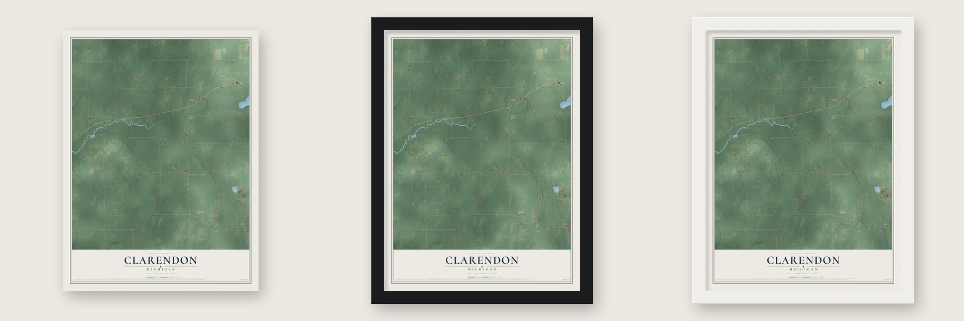 Clarendon, Michigan map unframed, in a black wood frame and in a white wood frame