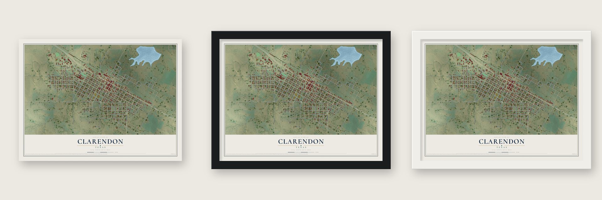 Clarendon, Texas map unframed, in a black wood frame and in a white wood frame