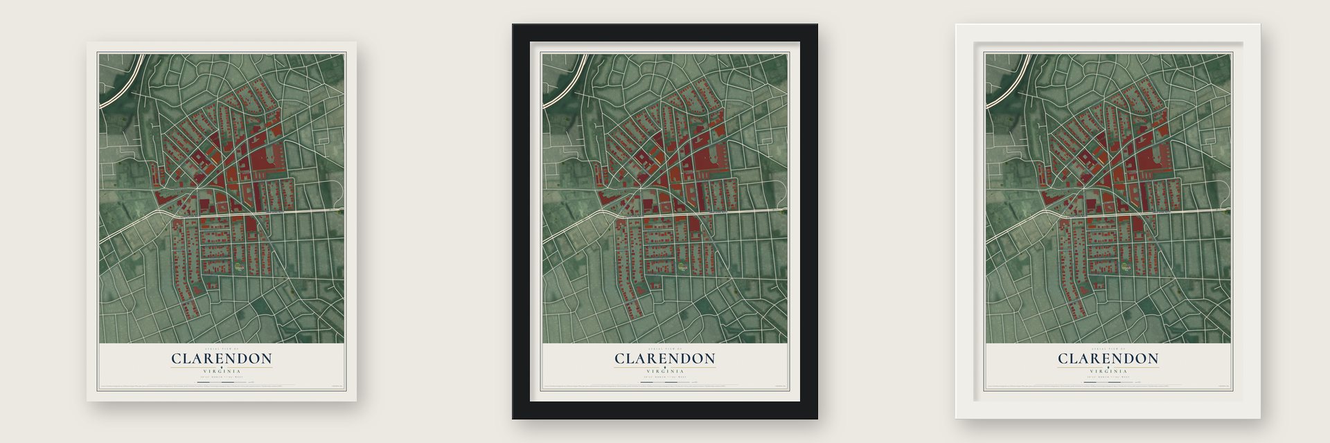 Clarendon, Virginia map unframed, in a black wood frame and in a white wood frame