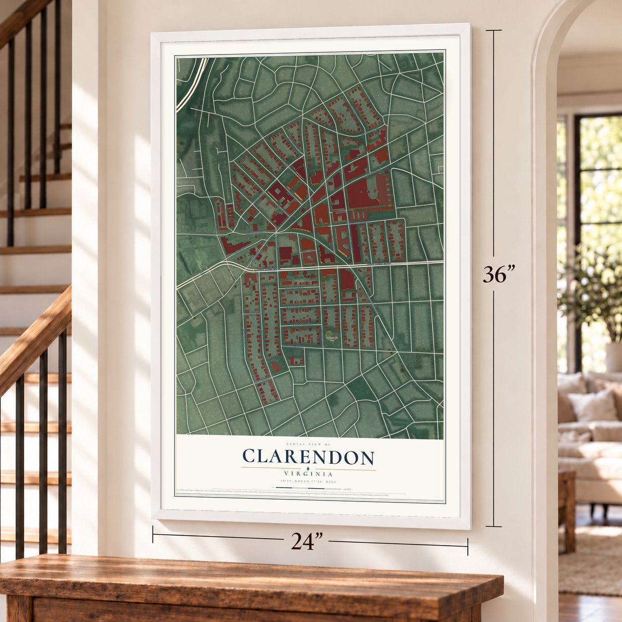 Clarendon, Virginia map, 24 x 36 inch print in a white frame by a staircase