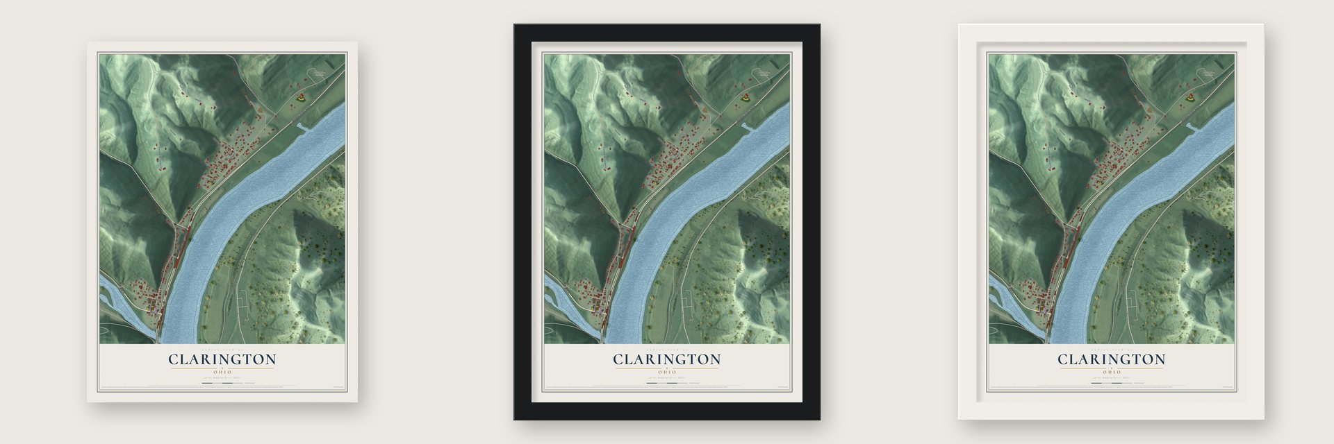 Clarington, Ohio map unframed, in a black wood frame and in a white wood frame