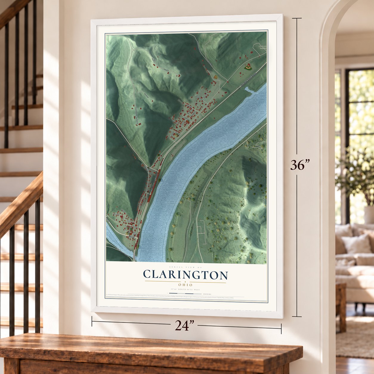 Clarington, Ohio map, 24 x 36 inch print in a white frame by a staircase