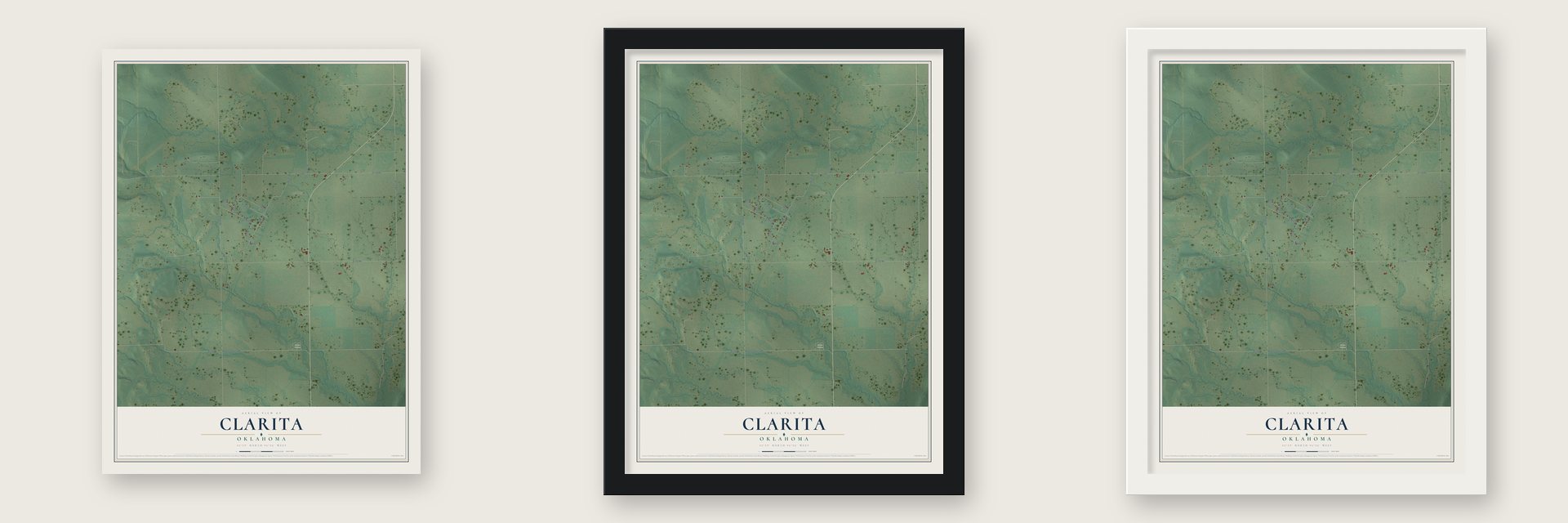 Clarita, Oklahoma map unframed, in a black wood frame and in a white wood frame