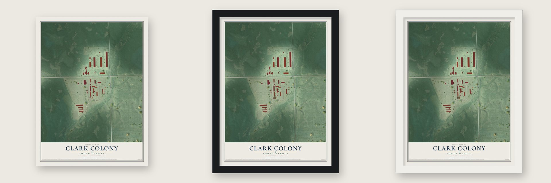 Clark Colony, South Dakota map unframed, in a black wood frame and in a white wood frame