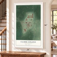 Clark Colony, South Dakota map, 24 x 36 inch print in a white frame by a staircase