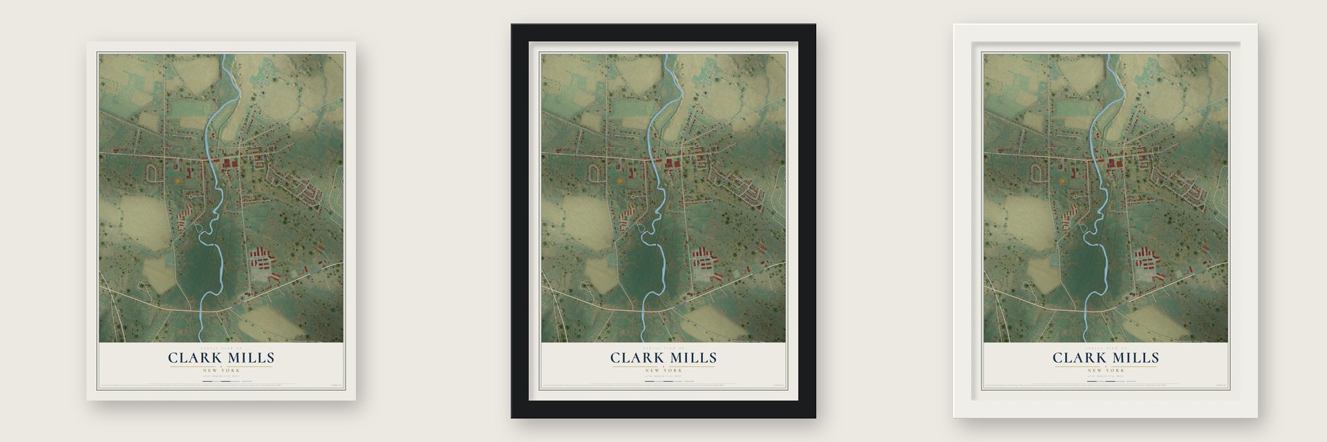 Clark Mills, New York map unframed, in a black wood frame and in a white wood frame