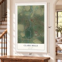 Clark Mills, New York map, 24 x 36 inch print in a white frame by a staircase
