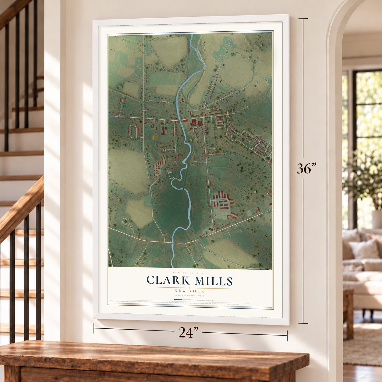 Clark Mills, New York map, 24 x 36 inch print in a white frame by a staircase